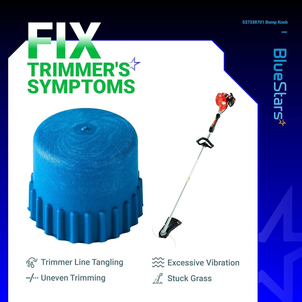 Blue 537338701 trimmer head bump knob replacement for Husqvarna T25 heads shown with a string trimmer.