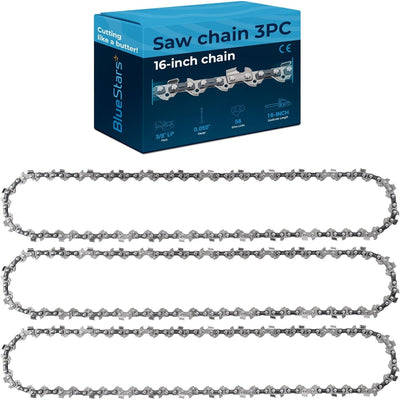 Three 16-inch chainsaw chains with 3/8 inch LP pitch, 0.050 gauge, and 56 drive links in BlueStars retail packaging.
