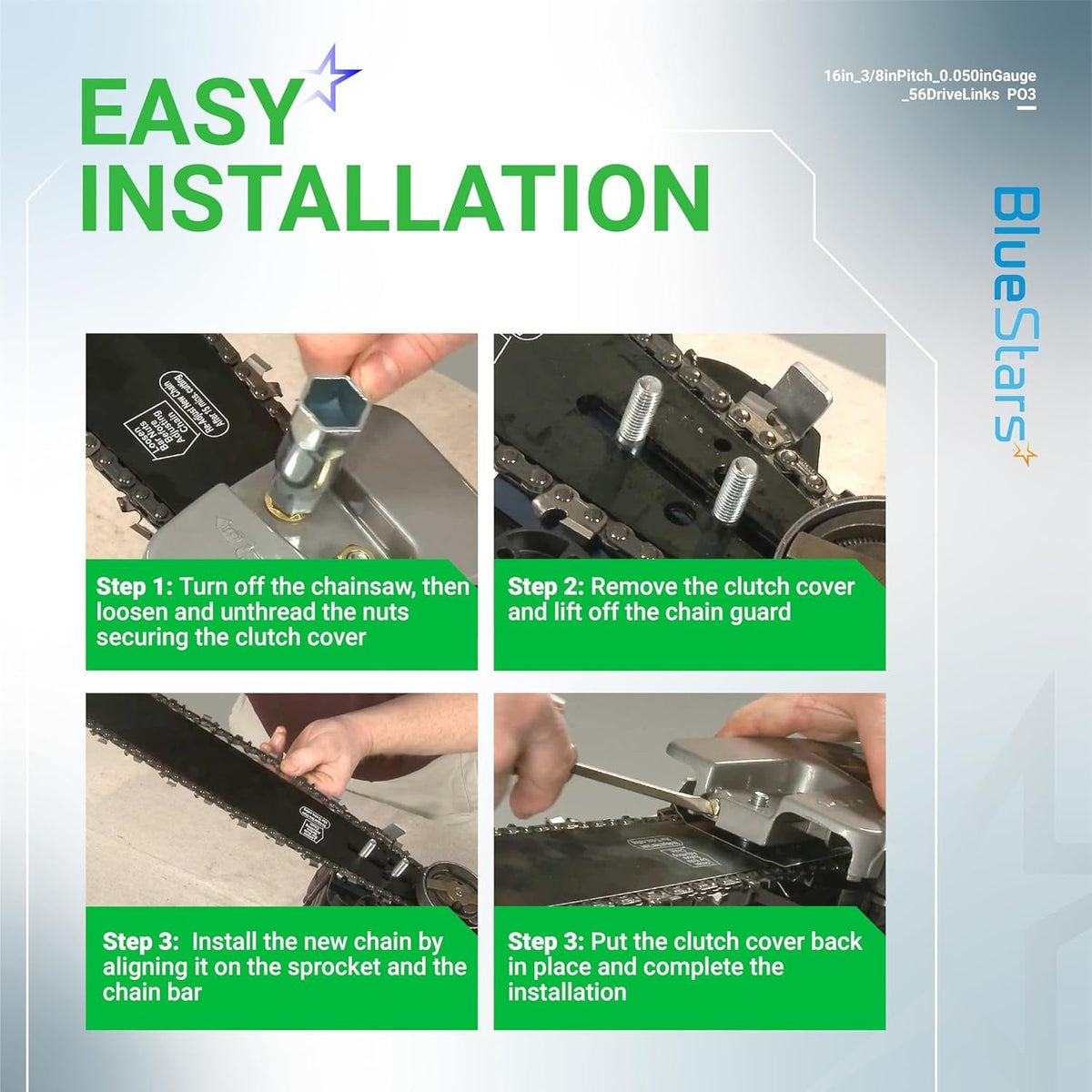 Instructional graphic showing steps to install a 16-inch chainsaw chain with 3/8-inch pitch and 0.050-inch gauge.