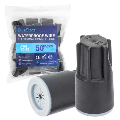 Two black waterproof twist wire connector caps with a 50-pack storage bag in the background.