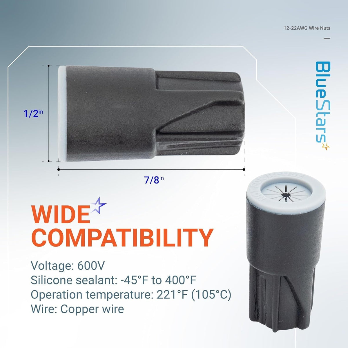 Close-up of waterproof black twist wire connector showing dimensions and technical specifications.
