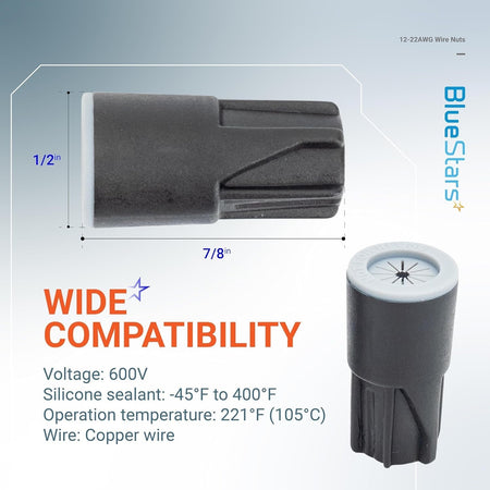 Close-up of waterproof black twist wire connector showing dimensions and technical specifications.