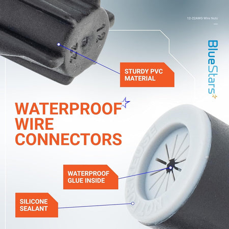 Close-up of waterproof twist wire connector showing PVC material, silicone sealant, and internal waterproof glue.