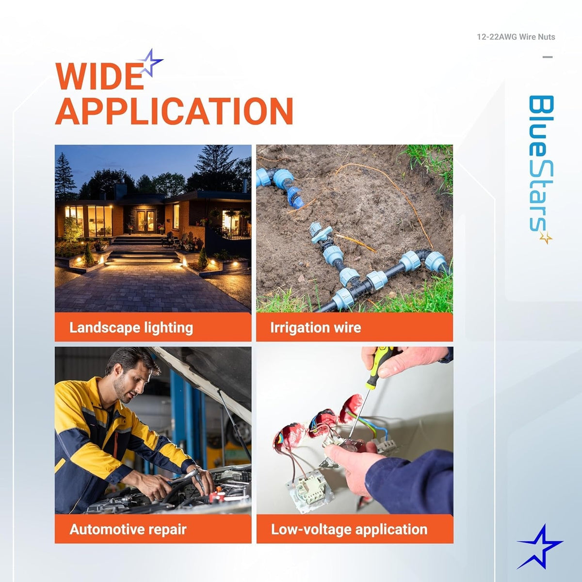 Infographic showing waterproof wire connector applications for landscape lighting, irrigation, and electrical repairs.