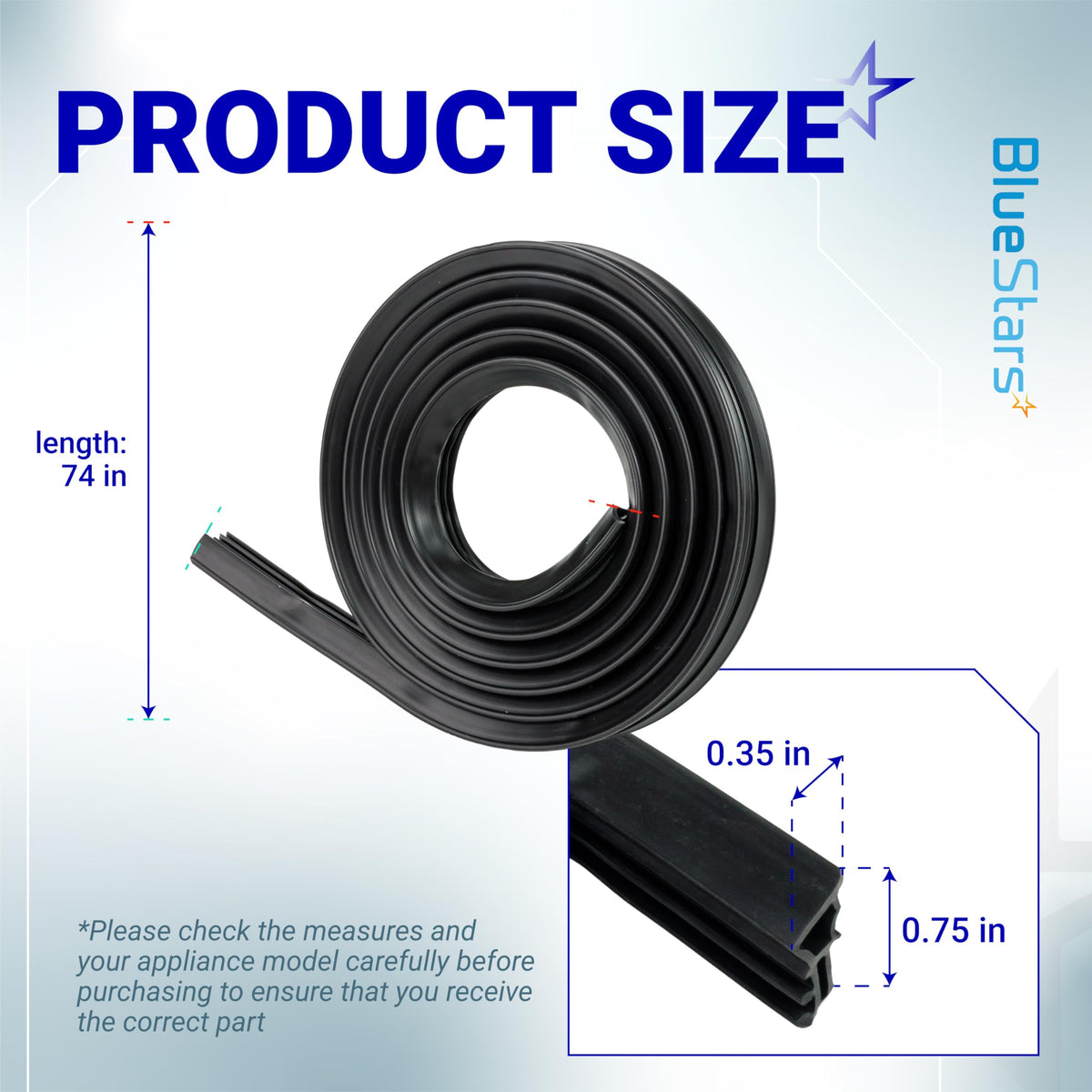 WD08X23476 dishwasher tub door seal gasket showing 74-inch length and cross-section dimensions for GE dishwashers.