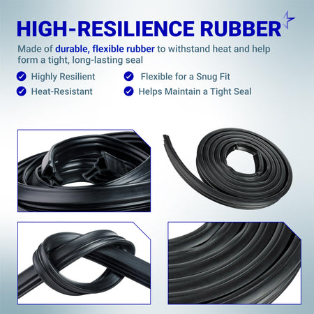 Collage of WD08X23476 dishwasher tub gasket door seal showing flexible rubber material and cross-section details.