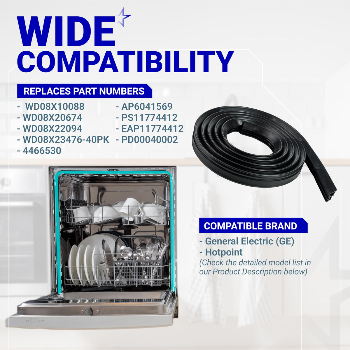 Infographic showing WD08X23476 dishwasher tub gasket door seal compatibility for GE and Hotpoint dishwashers.