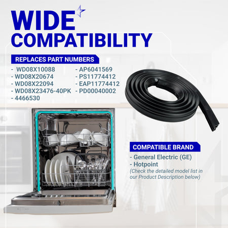 Infographic showing WD08X23476 dishwasher tub gasket door seal compatibility for GE and Hotpoint dishwashers.
