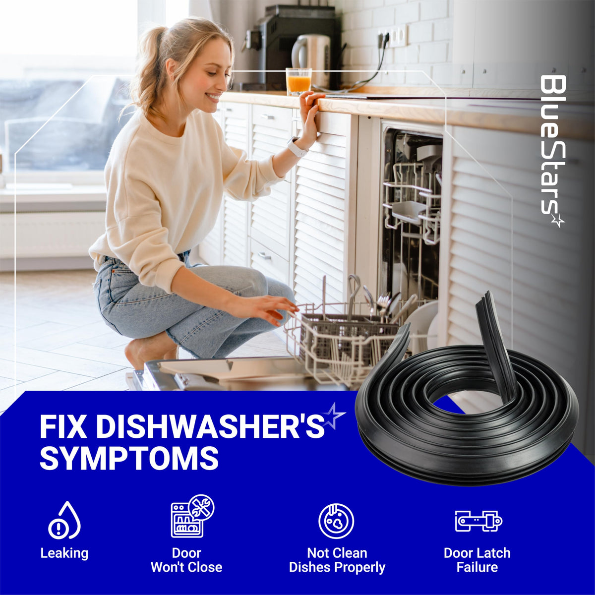 WD08X23476 dishwasher tub gasket door seal replacement coil shown with repair symptoms infographic.