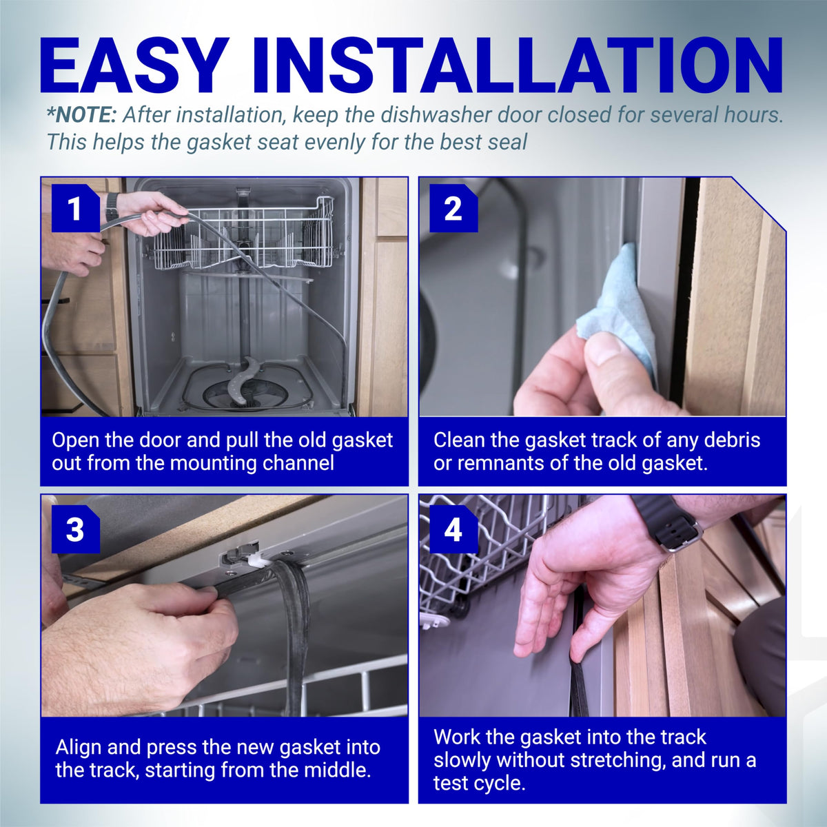 Four-step installation guide for WD08X23476 dishwasher tub door gasket replacement on GE and Hotpoint dishwashers.