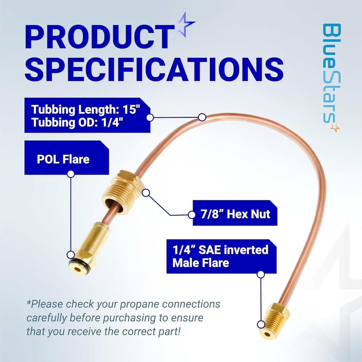 Specification diagram of 15-inch copper propane pigtail hose with POL flare and 1/4-inch SAE inverted male flare fittings.