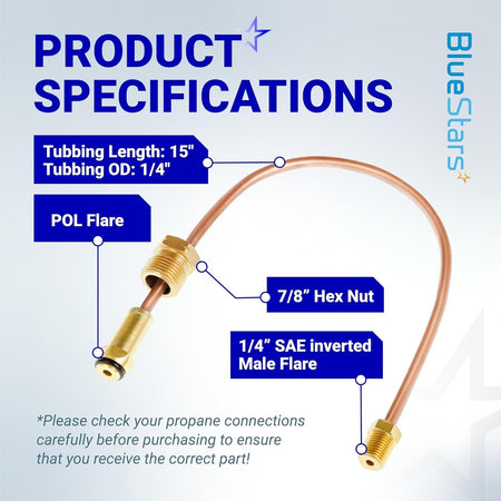Specification diagram of 15-inch copper propane pigtail hose with POL flare and 1/4-inch SAE inverted male flare fittings.