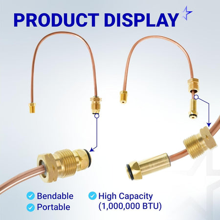 15-inch propane regulator copper pigtail hose showing POL connector detail and NPT male thread fittings.