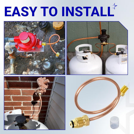 15-inch copper pigtail propane hose with POL and 1/4-inch NPT male pipe thread fittings for easy installation.