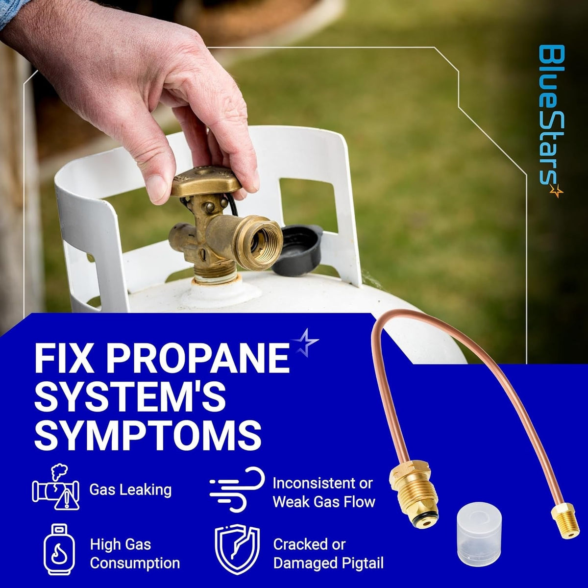 15-inch copper propane pigtail hose with POL and 1/4-inch NPT male fittings for propane tank system repair.