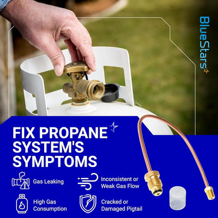 15-inch copper propane pigtail hose with POL and 1/4-inch NPT male fittings for propane tank system repair.