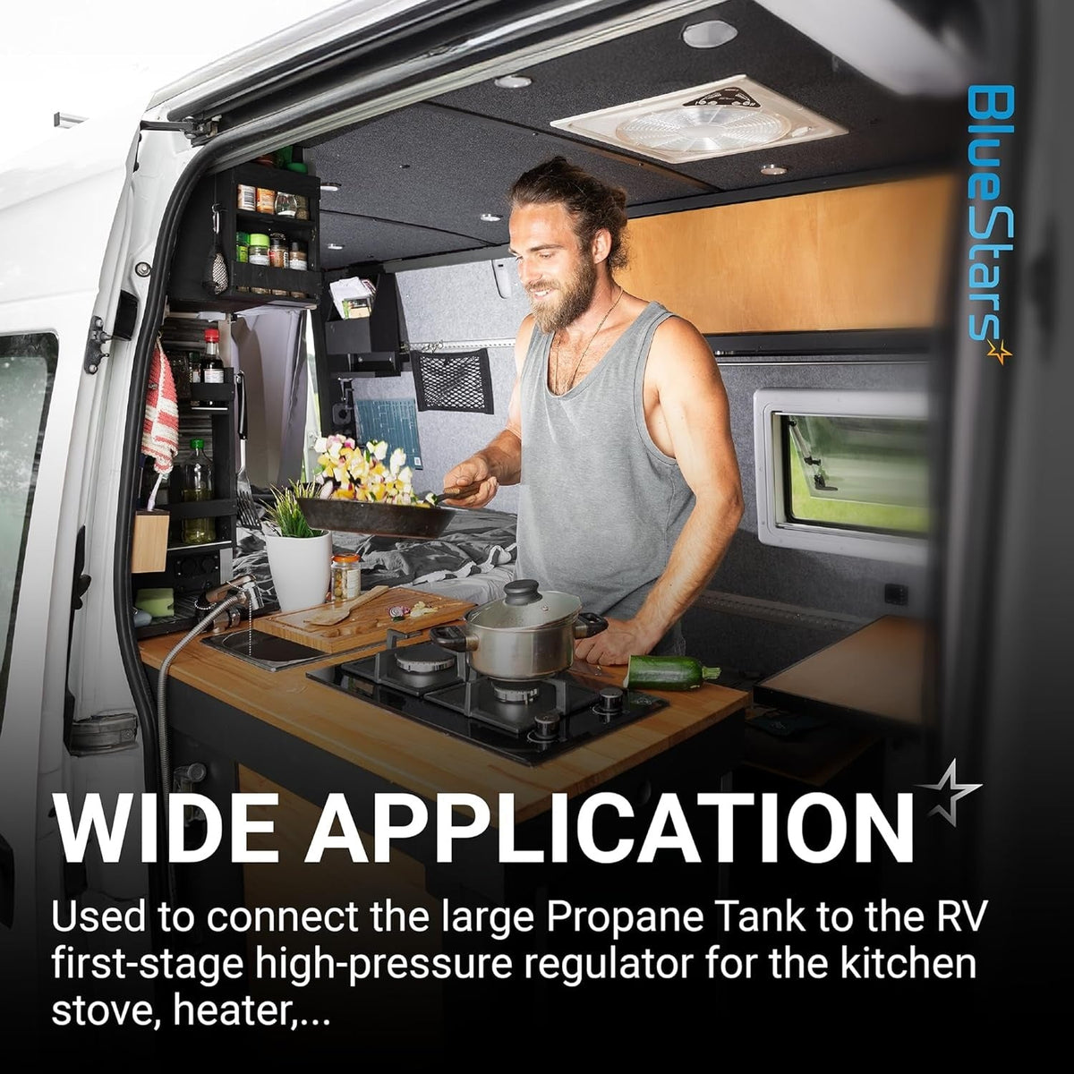 Man cooking in an RV kitchen to demonstrate the wide application of a propane regulator pigtail hose.