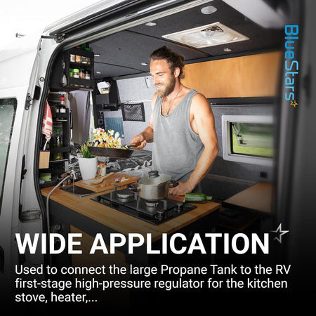 Man cooking in an RV kitchen to demonstrate the wide application of a propane regulator pigtail hose.