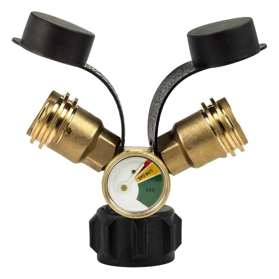 Propane Tank Y Splitter QCC/POL with Gauge and Shut-Off Valve
