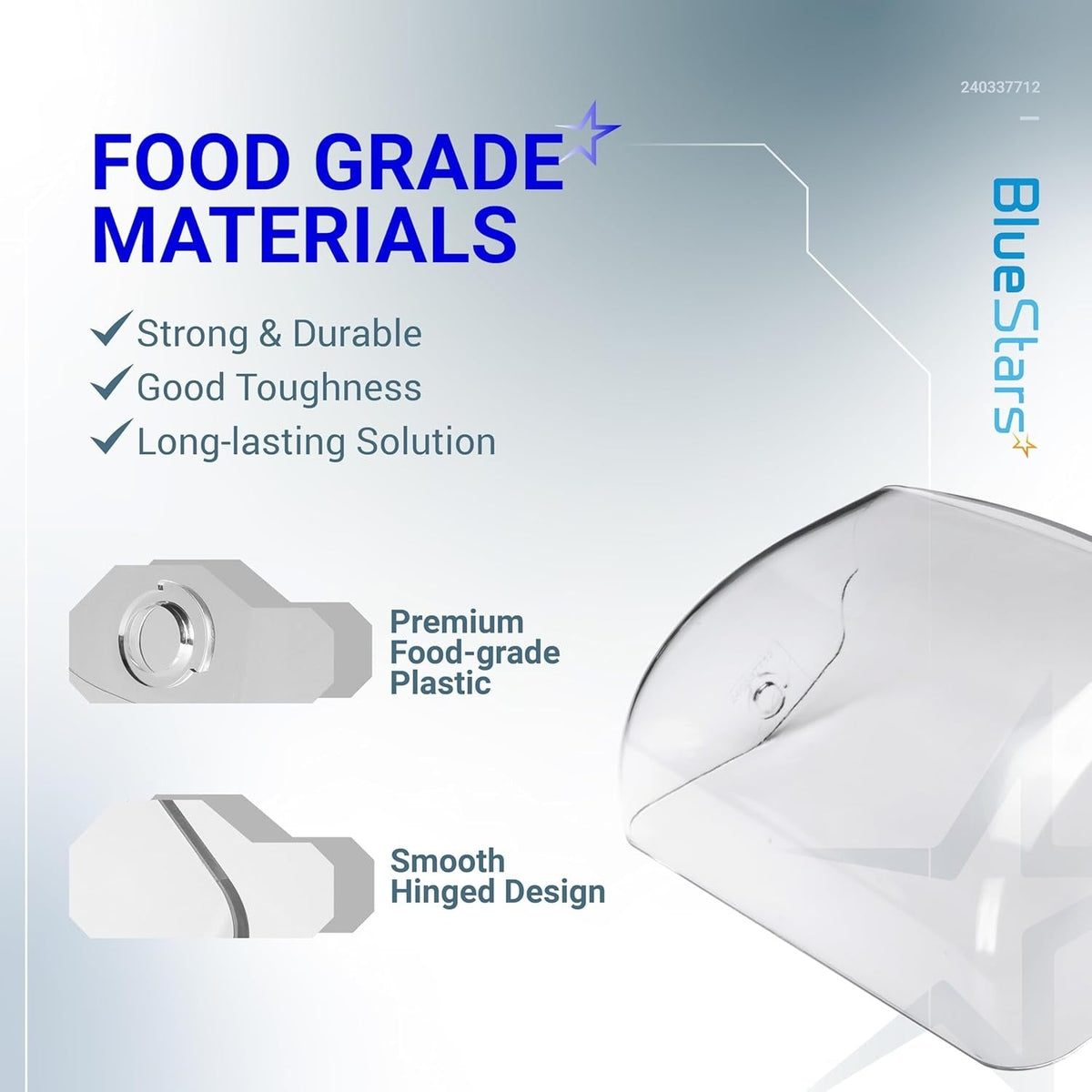 Infographic showing 240337712 refrigerator dairy door features including food-grade plastic and smooth hinged design.