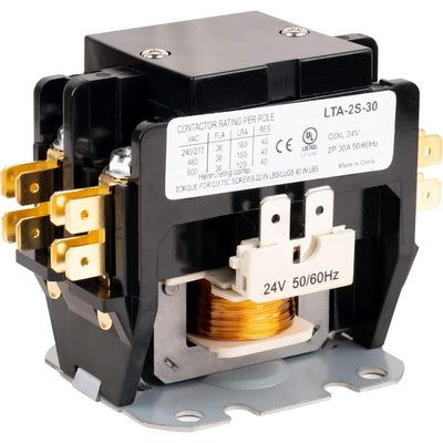 2-pole 30 amp contactor with 24VAC coil and visible electrical rating label.
