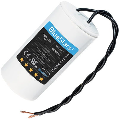 20 uF 450 VAC CBB60 run capacitor with wire leads for AC motors and water pumps.