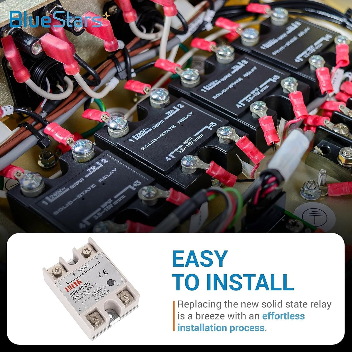 SSR-40DD solid state relay shown in an industrial control panel installation with wiring.