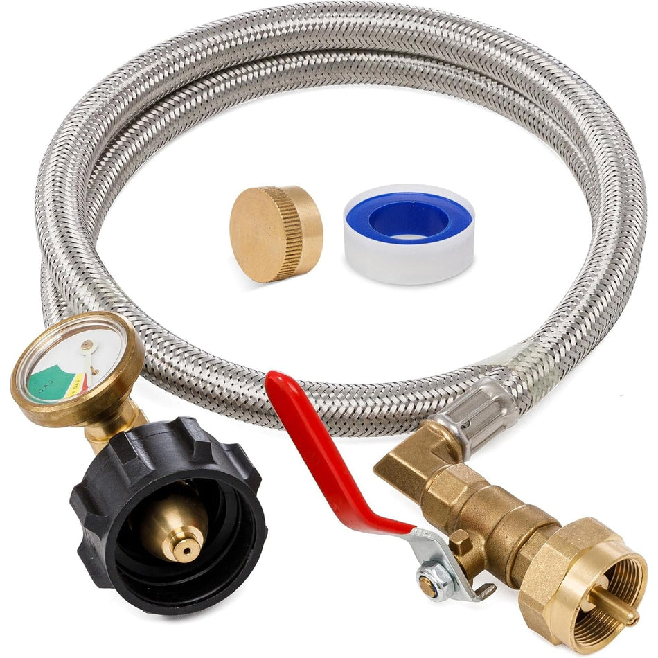 CSA Certified 3 Feet Propane Refill Adapter Hose with Gauge & ON/Off Control Valve Stainless Steel Extension Propane Refill Hose Fill 1 Pound Bottles from 5-40lb Tank - with Cap, Tape