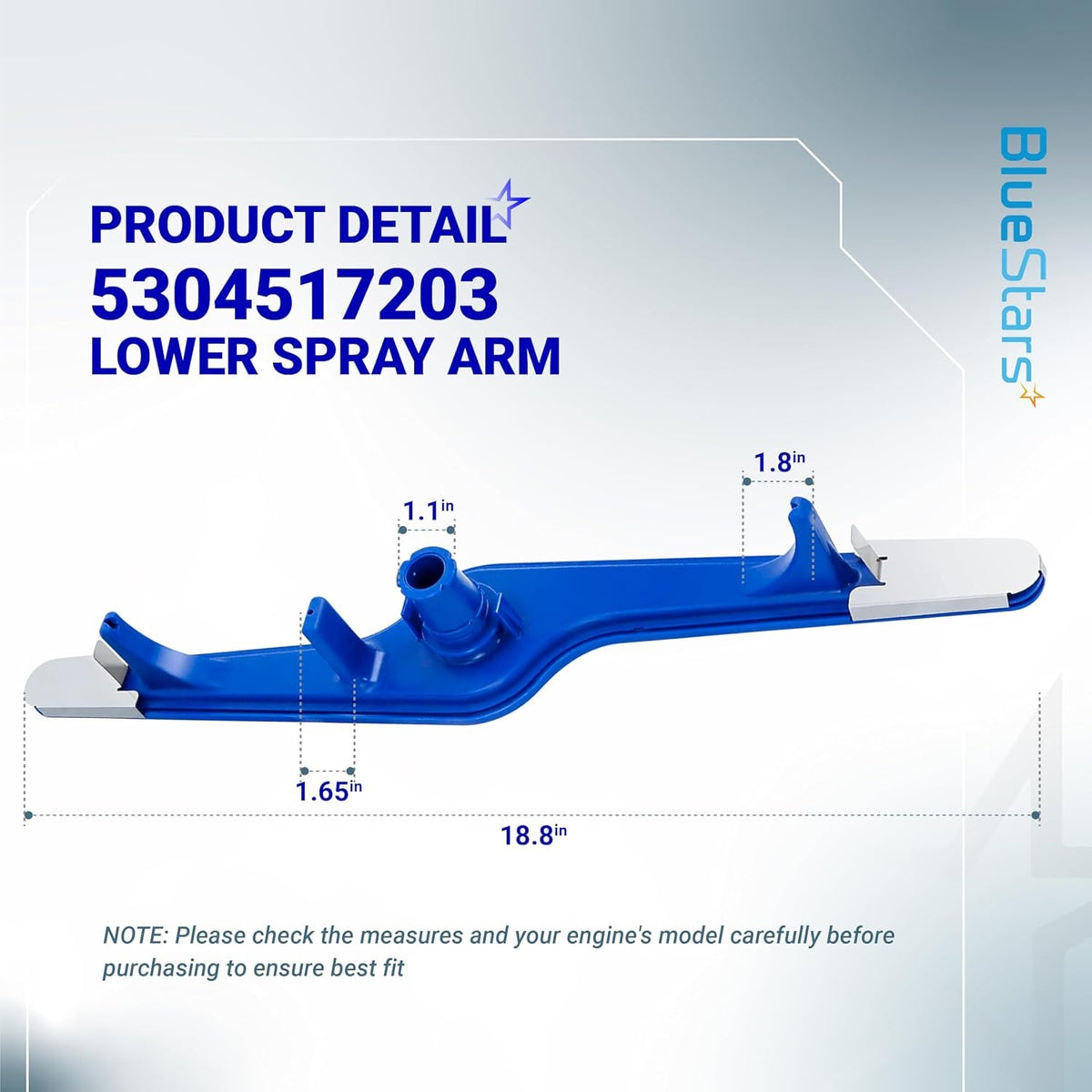 5304517203 dishwasher lower spray arm with dimension labels showing 18.8-inch total length and component measurements.