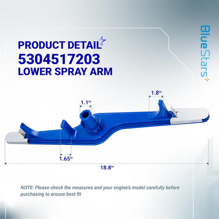 5304517203 dishwasher lower spray arm with dimension labels showing 18.8-inch total length and component measurements.