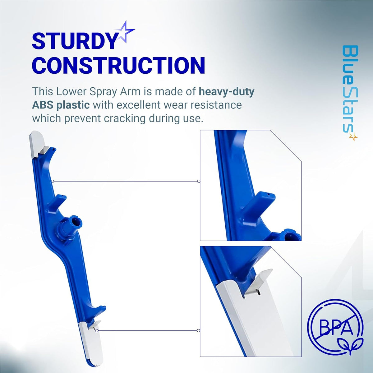 Infographic showing heavy-duty ABS plastic construction of Frigidaire dishwasher lower spray arm with close-up details.