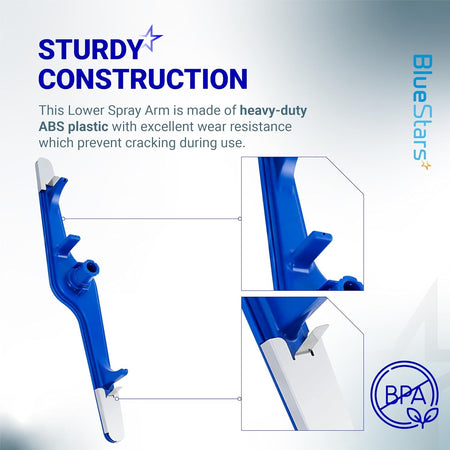 Infographic showing heavy-duty ABS plastic construction of Frigidaire dishwasher lower spray arm with close-up details.