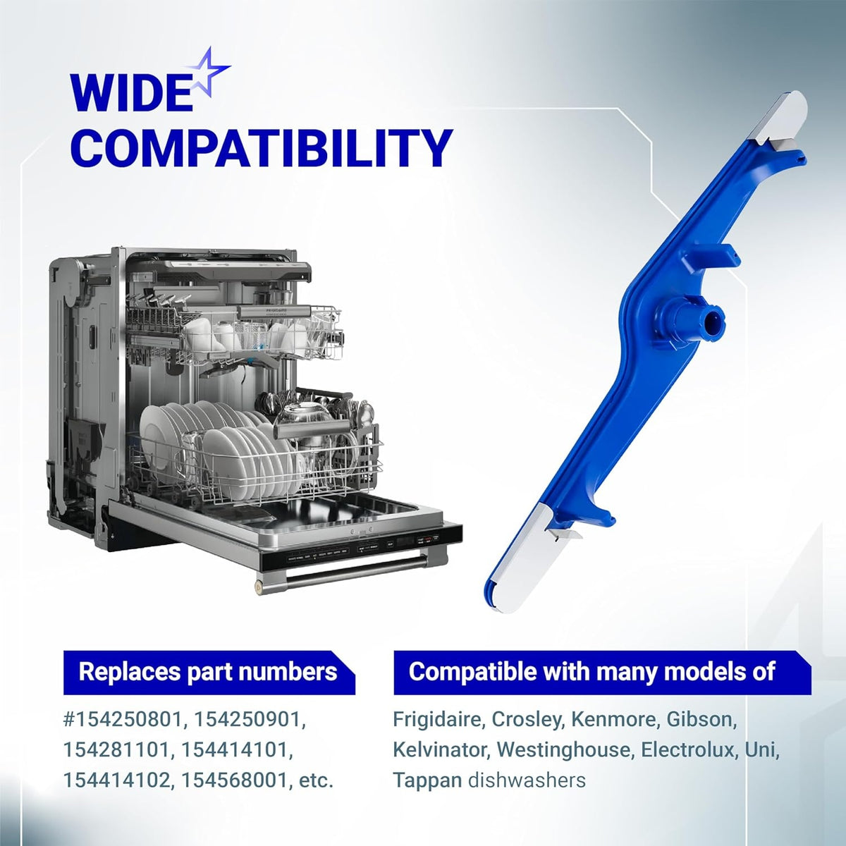 5304517203 dishwasher lower spray arm replacement part shown with compatibility information and dishwasher graphic.