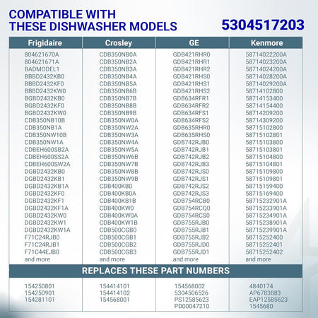 Compatibility chart for 5304517203 dishwasher lower spray arm listing compatible models and part numbers.