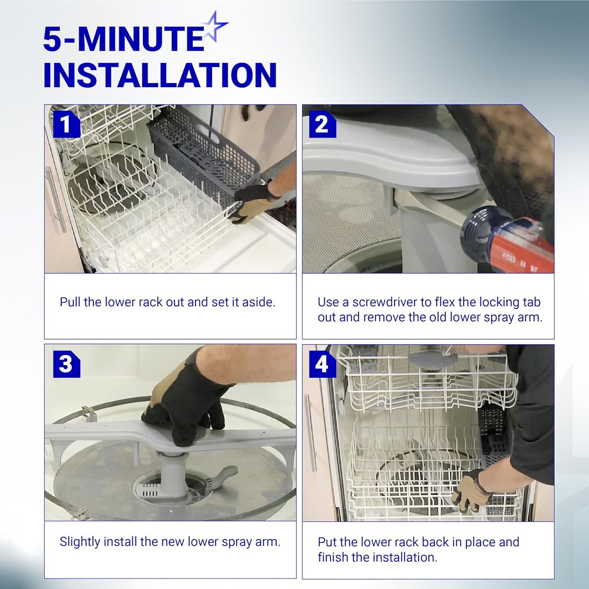 Four-step installation guide for Frigidaire and Kenmore dishwasher lower spray arm replacement.