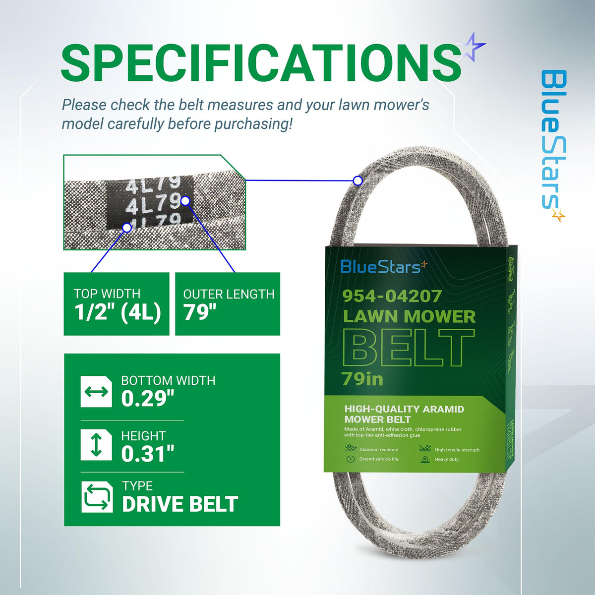 954-04207 lawn mower drive belt specifications chart showing 1/2 inch by 79 inch dimensions and material details.