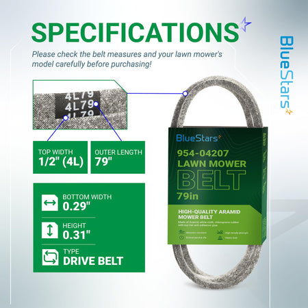 954-04207 lawn mower drive belt specifications chart showing 1/2 inch by 79 inch dimensions and material details.