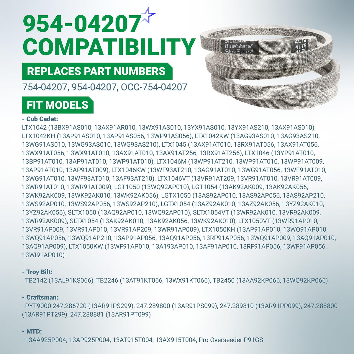 954-04207 drive belt compatibility chart for Cub Cadet, Troy-Bilt, and MTD lawn mowers.