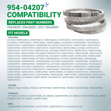 954-04207 drive belt compatibility chart for Cub Cadet, Troy-Bilt, and MTD lawn mowers.
