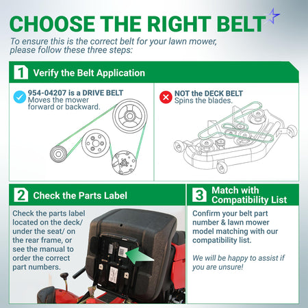 Instructional guide for identifying the 954-04207 drive belt for Cub Cadet and Troy-Bilt lawn mowers.