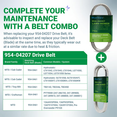 954-04207 drive belt and 954-0461 deck belt maintenance combo chart for Cub Cadet, MTD, and Troy-Bilt mowers.