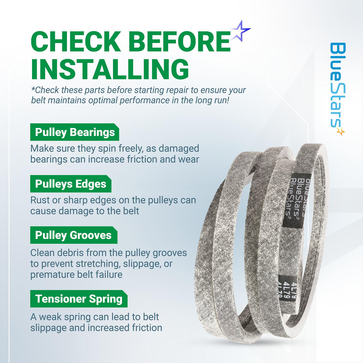Informational graphic for 954-04207 drive belt installation tips and pulley maintenance checklist.
