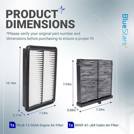 PAJ8-13-3A0A engine air filter and BDGF-61-J6X cabin air filter shown in a product dimensions diagram