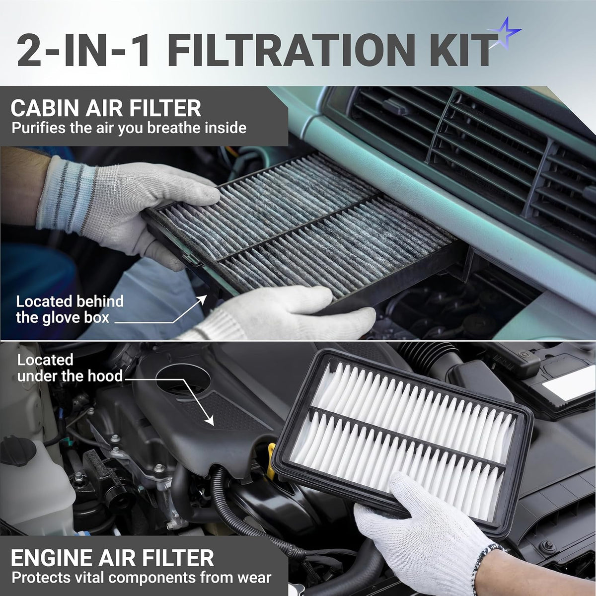 PAJ8-13-3A0A Engine Air Filter and BDGF-61-J6X Cabin Air Filter shown under hood and behind glove box