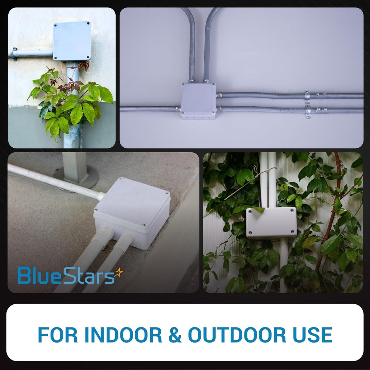 Collage of IP67 clear junction boxes installed in various indoor and outdoor electrical conduit applications.
