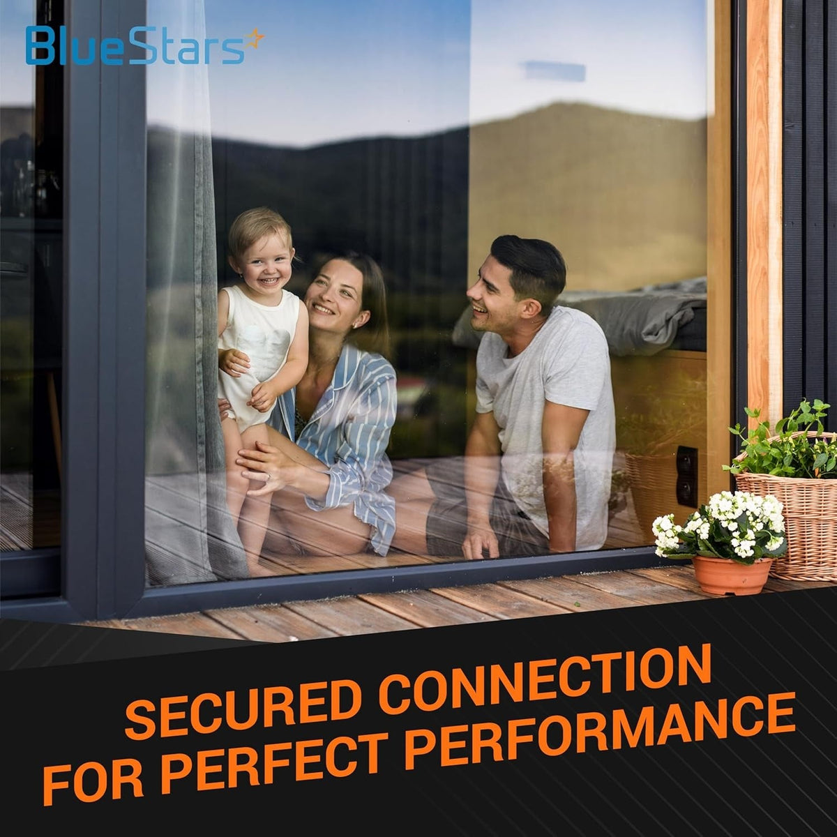 Lifestyle image for BlueStars IP67 clear junction box featuring a happy family near a window with secured connection text.