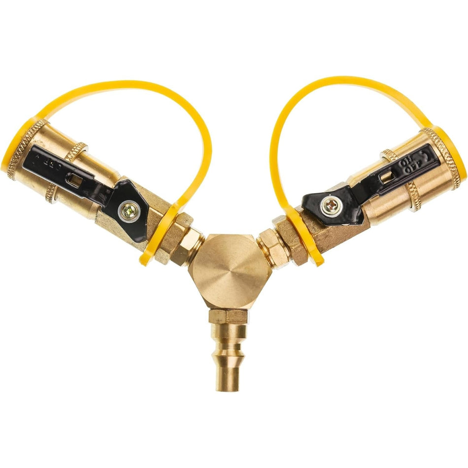 1/4" RV Propane Quick Connect Y Splitter Adapter with Shutoff Valve