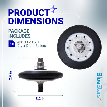 4581EL2002C Dryer Drum Roller Assembly, package includes 4; dimensions shown: 2.6 in high and 3.2 in wide