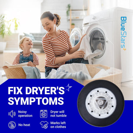 4581EL2002C Dryer Drum Roller Assembly graphic showing dryer symptoms and a close-up roller