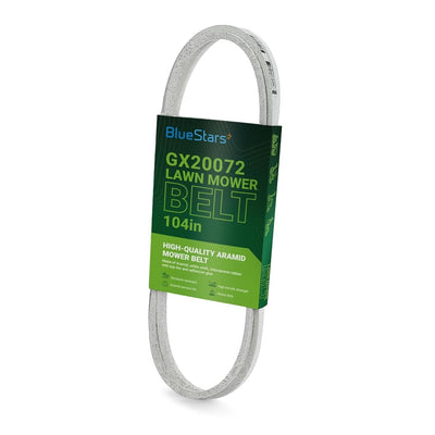 GX20072 lawn mower deck belt in branded packaging, 1/2 inch by 104 inch replacement for John Deere mowers.